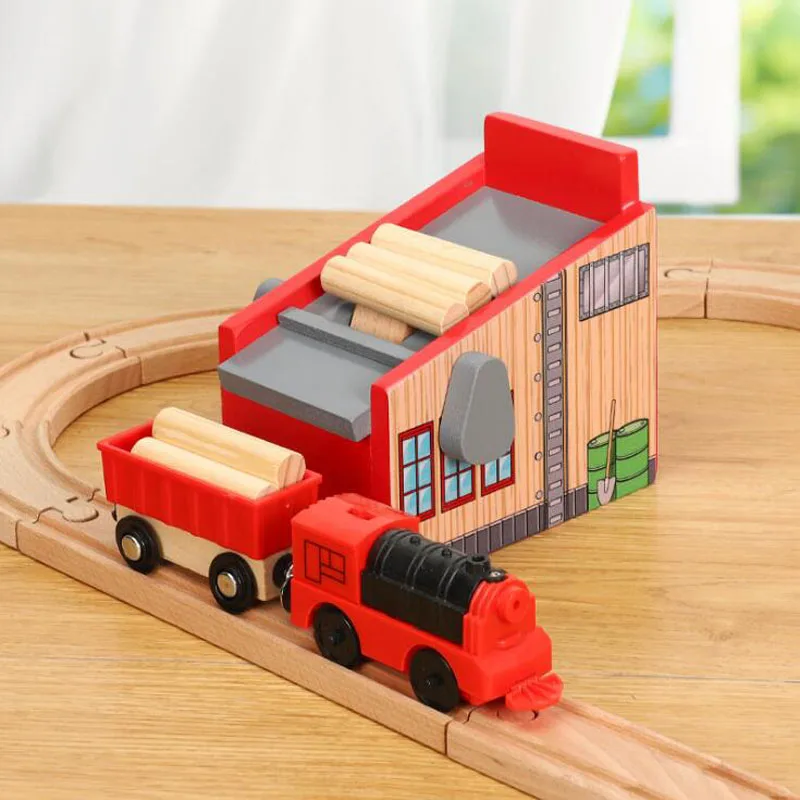 Sägewerk Holz Eisenbahn Tracks Szene Zubehör Kompatibel für Biro Holz Zug Schiene Auto Spielzeug für Kinder Geschenke