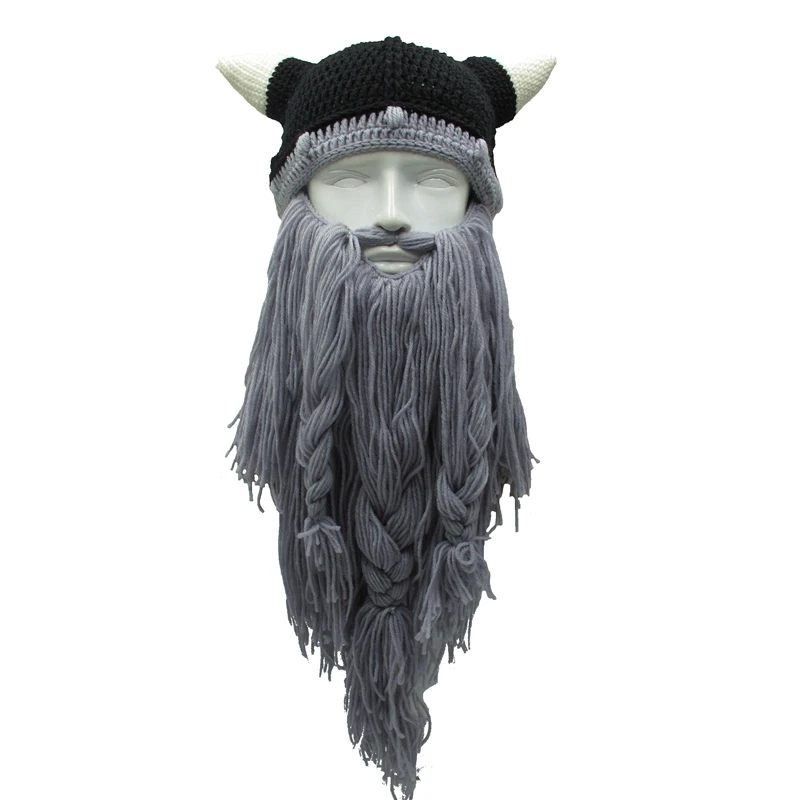 Men\'s Barbarian Vagabond Viking Beard Beanie Horn Hats Handmade Winter Warm Birthday Cool Gifts Funny Gag Halloween Hip Hop Cap