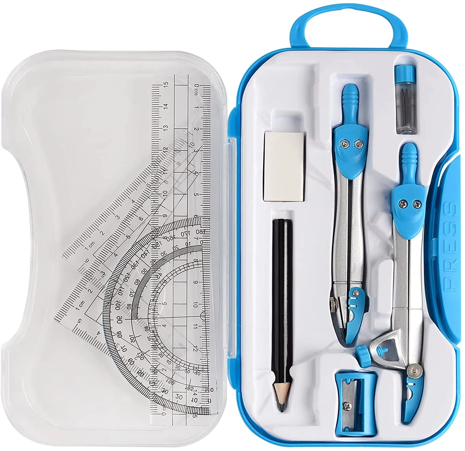 Geometria Matemática Tool Kit com Bashes, Transferidor, Lápis, Borracha, Sharpener Set, Quadrado, Triângulo Régua, Chumbo Recargas, 10Pcs