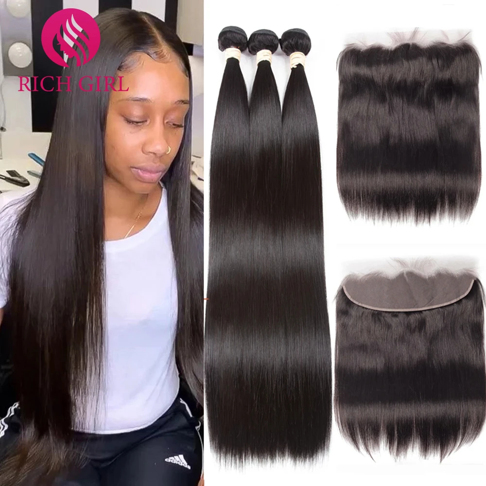 

40 Inch Straight Bundles With Closure Brazilian Hair Weave 3 Bundles with Lace Frontal Human Hair Extensions Natural Black Color