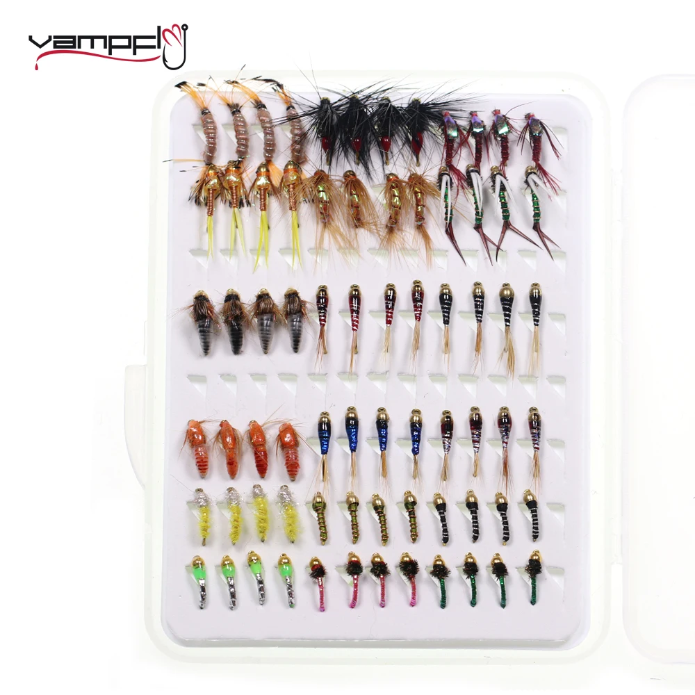 Vampfly 72pcs Fly Set W/ Plastic Portable Box Midge Perdigon Nymph Shrimp Scud Nymph Fly For Trout Blue Gill Salmon Fishing Bait