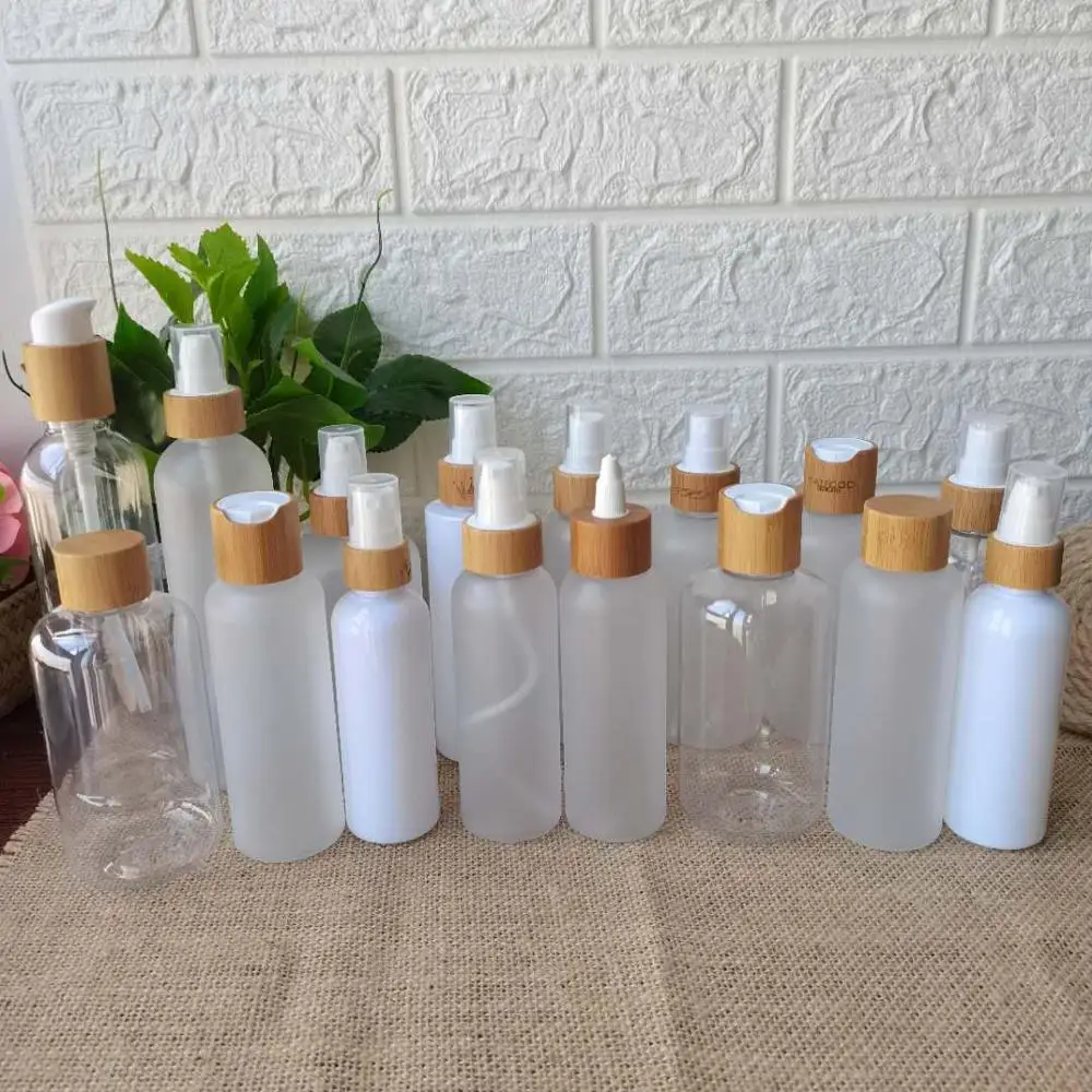 Eco friendly cosmetic containers frosted /white/clear plastic bottles and cream jars bamboo cap spray lotion pump bottle 8oz 5oz