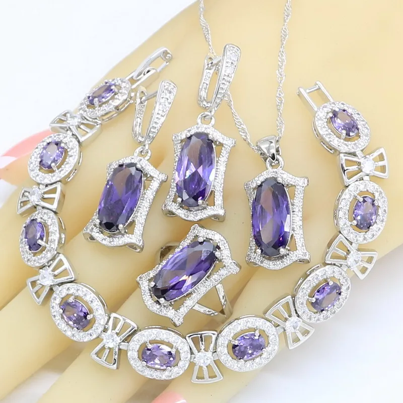 Geometric Purple Zircon Silver Color Wedding Jewelry Sets For Women Necklace Pendant Earrings Rings Bracelet Gift Box