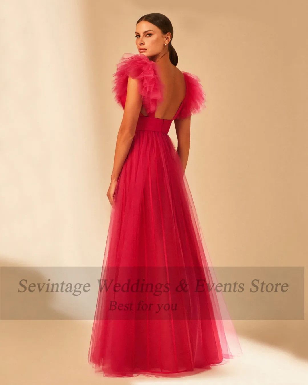 Sevintage Simple Ruffles Tulle Prom Dresses 2022 Cap Sleeves scollo a v abiti da ballo formali abito da sera lungo da donna senza schienale