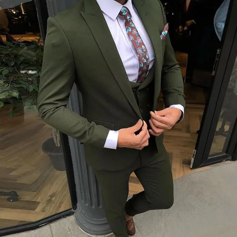 

Green Groom Tuxedos Peaked Lapel Mens Dinner Prom Suits Men Suits Wedding/Prom/Dinner Best Man Blazer (Jacket+Vest+Pants)