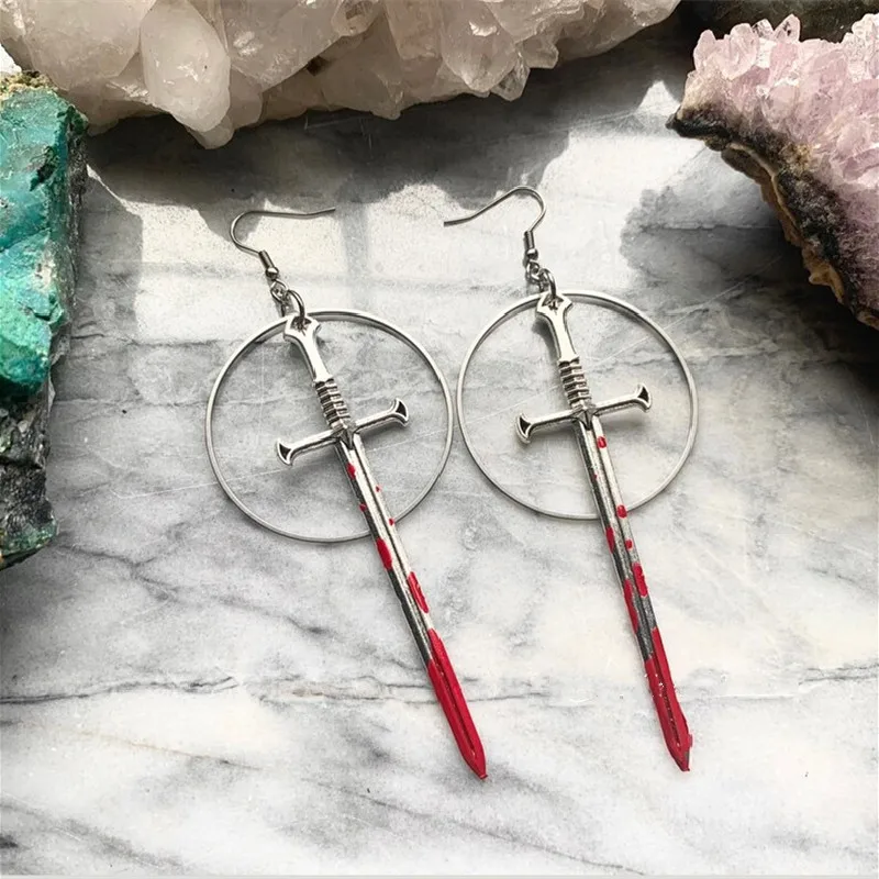 Gothic Blood Sword Earrings Ring Sword Classic Eardrop Big Sword Statement Mystical Classical Halloween Jewellery Women Gift