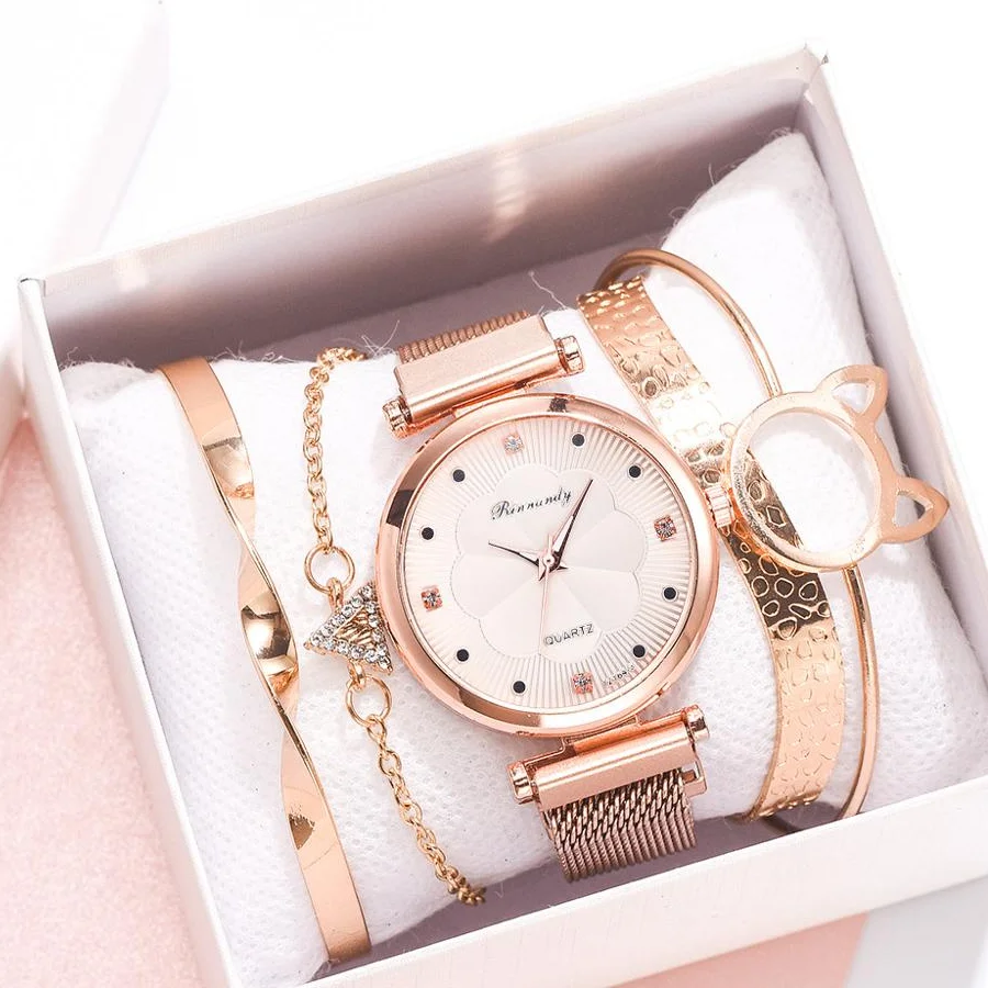 

Luxury Ladies Watch Set 5pcs Crystal Flower Pattern Quartz Women Watches Gift Wristwatches Mesh Magnetic Bracelet montre femme