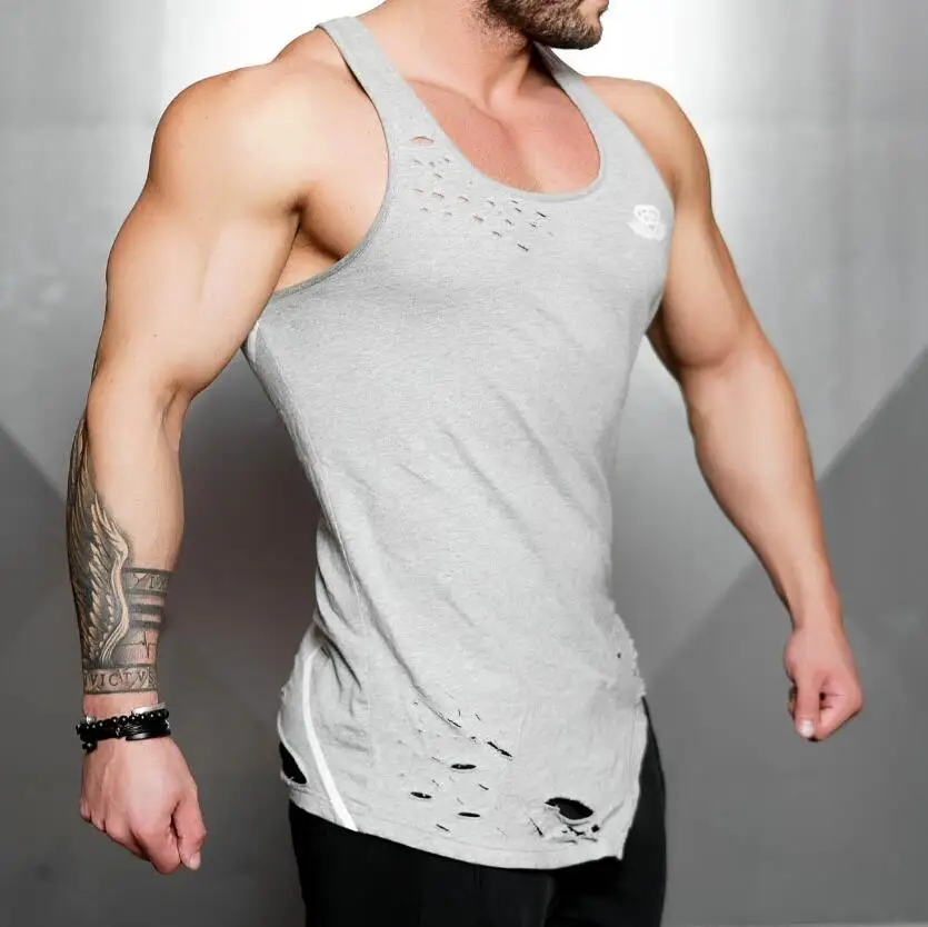 Sports Fitness Men‘s Leisure Outdoor Ripped Cotton Neck Vest Summer New Mens Running Training Gym Clothes Thin T-shirt -40