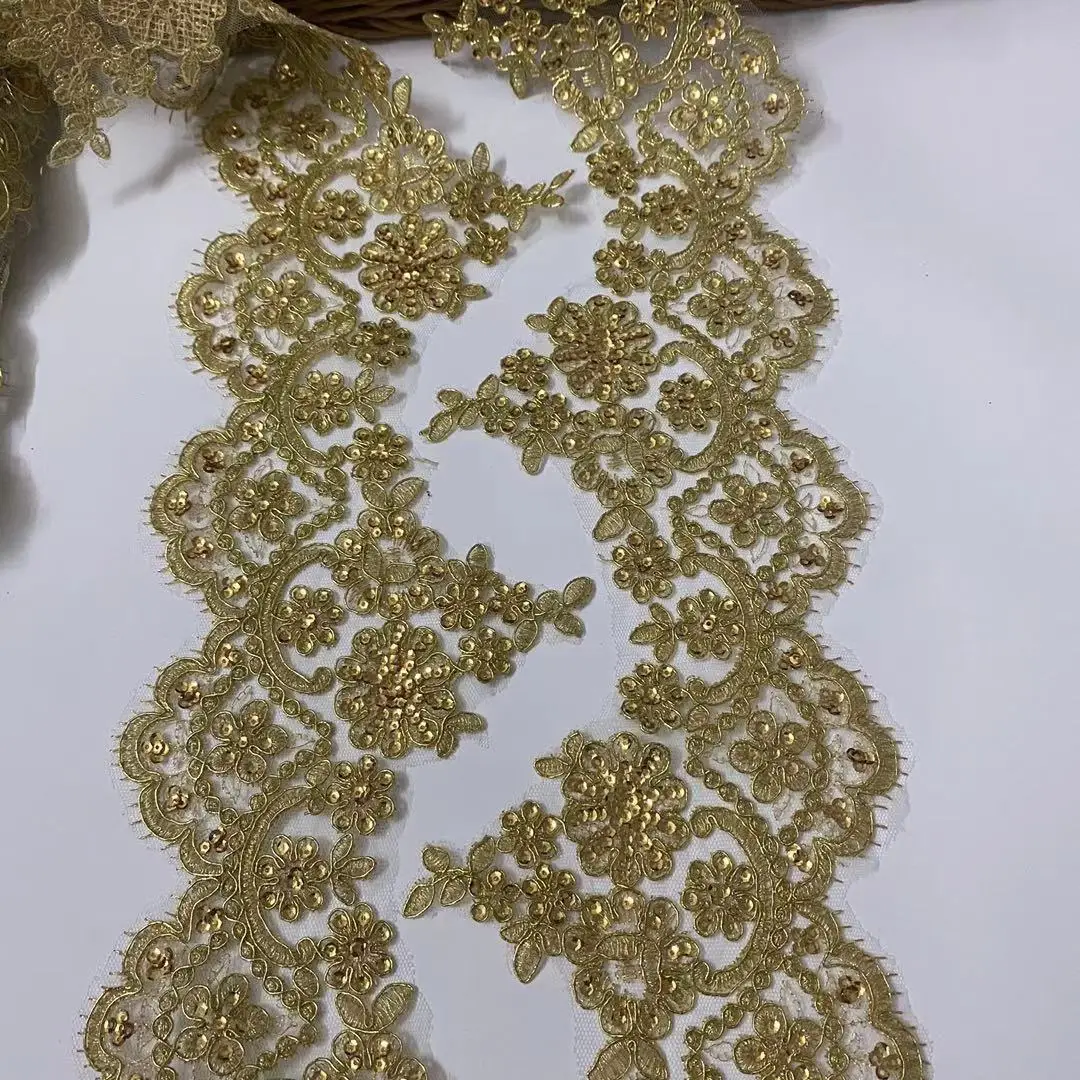 2yards Sequin Gold Thread Lace Flower Applique Trim Edge Handmade diy Material Wedding Clothing Applique Flower Timimg 13cm wide