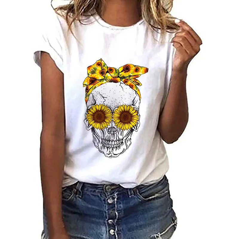 Hot Summer Women Harajuku Kawaii Tops Tee Skull Leopard Bandana Tops Skull  Flower T-Shirt