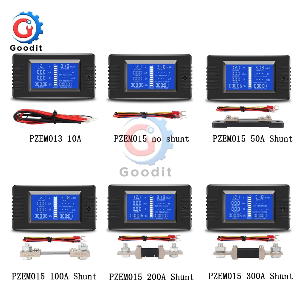 PZEM-015 0-200v 0-300A Digital Ammeter Voltmeter Energy Meter Car Battery Capacity Tester with 50A 100A 200A 300A 75mV shunt