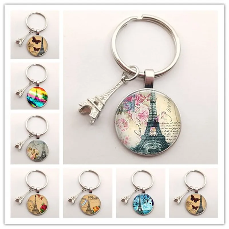 Romantic Paris Eiffel Tower Key Chains Art Lady Wander Drawing Design Glass Pendant Cute Keychain Keyring Women Bag Jewelry