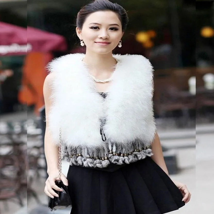 Fashion women's ultra-thin vest short paragraph pure natural ostrich feather vest multi-color fur rabbit fur tassel vest