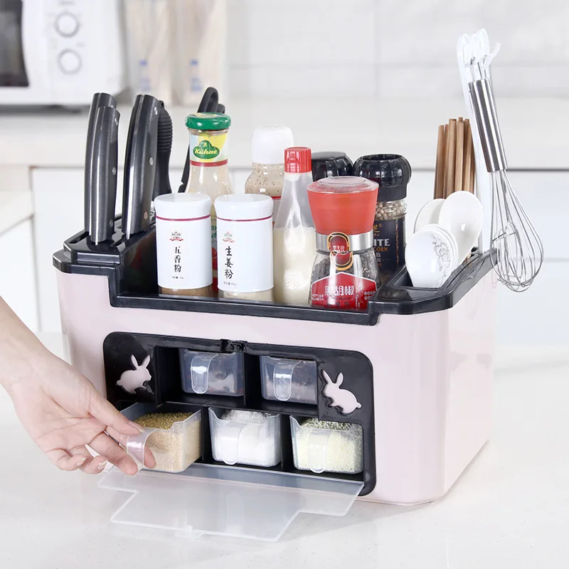 Home Useful Kitchen Seasoning Box Set Multi-function Combination Knife Holder Kitchen Supplies Storage Rack Spice Jar Organizer