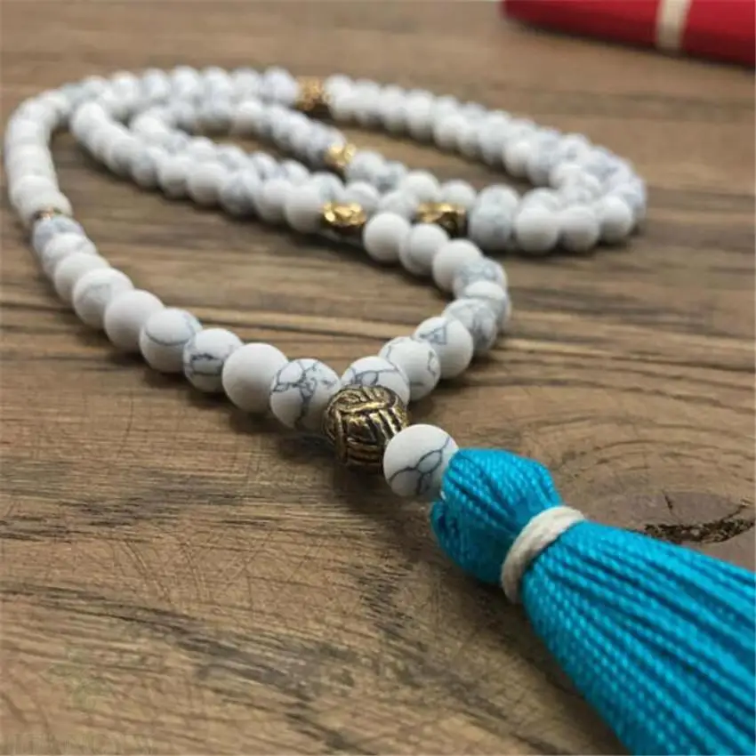 

8mm Howlite Gemstone 108 Beads Mala Necklace band Tassel Hot Lucky Stress Wrist natural MONK men Healing Gemstone Bless Buddhist