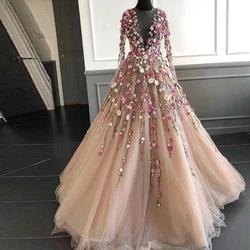 Pretty Champagne Evening Dresses With Illusion Full Sleeves Colorful 3D Flower Ball Tulle Gowns Formal Occasion Prom Dress