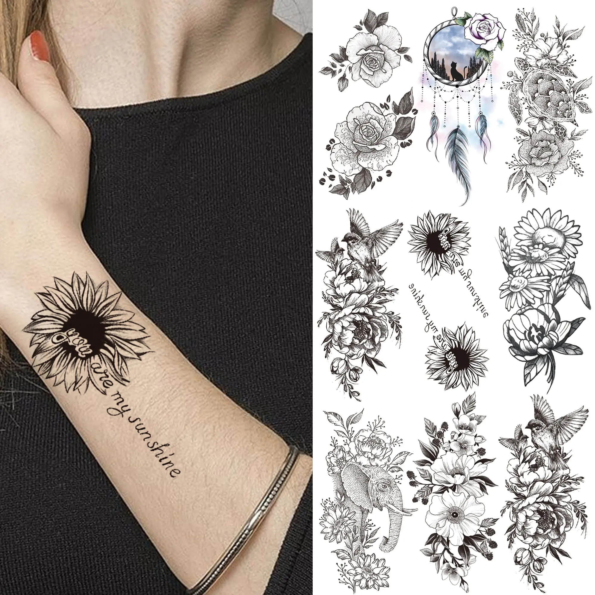 3D SunFlower Temporary Tattoos For Women Girls Dreamcatcher Rose Fake Peony Tatoos Dahlia Daffodil Sexy Black Tattoo Sticker