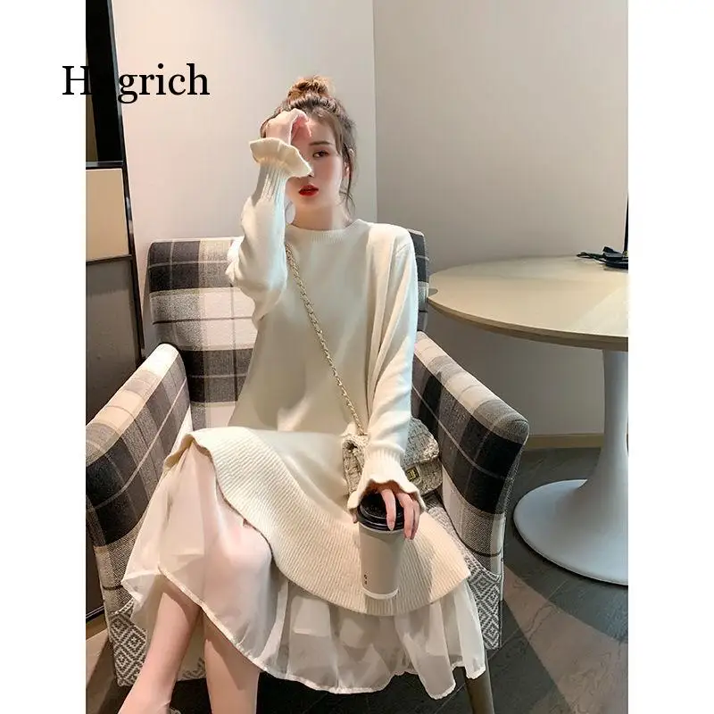 Autumn Winter Knit Sweater Patchwork Women 2021 Mesh Maxi Sweet Fairy Full Sleeve o Neck Thick Bottoming Dress Vestidos