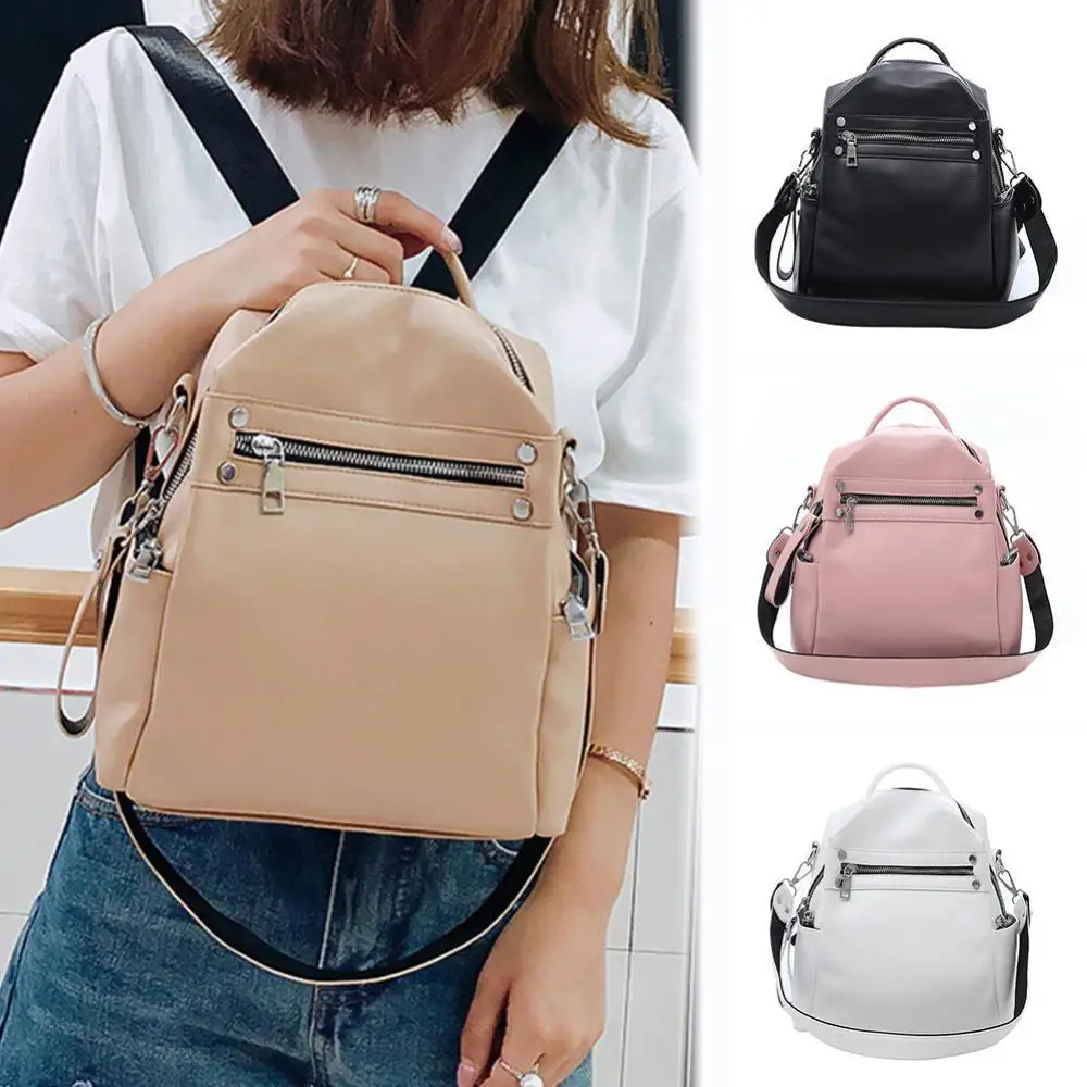 Women Soft Faux Leather Waterproof Backpack Solid Color Zipper Tote Shoulder Bag