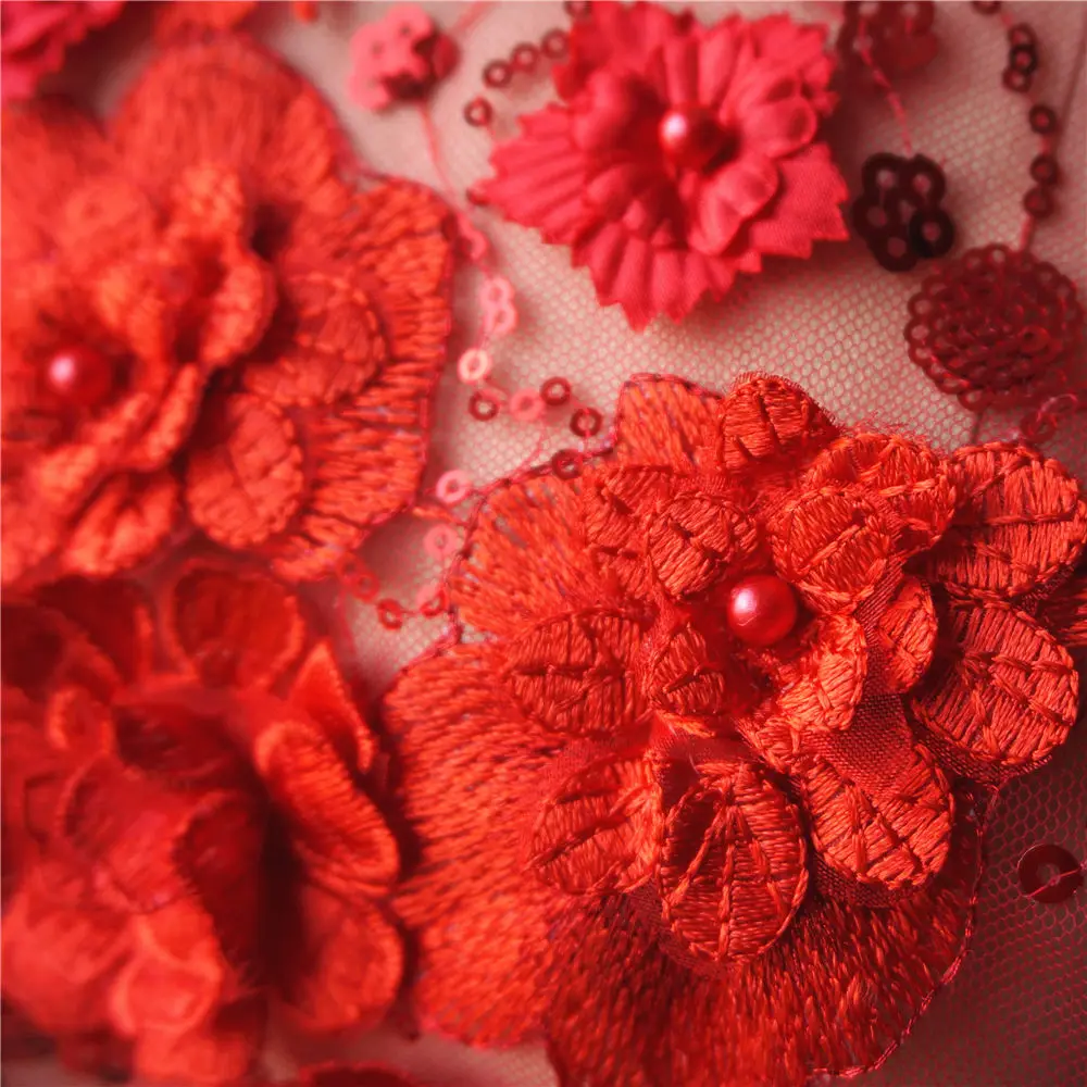 Red Lace Fabric 3D Flowers Beads Sequins Appliques Embroidery Mesh Sew Patch For Wedding Evening Dress Decoration DIY