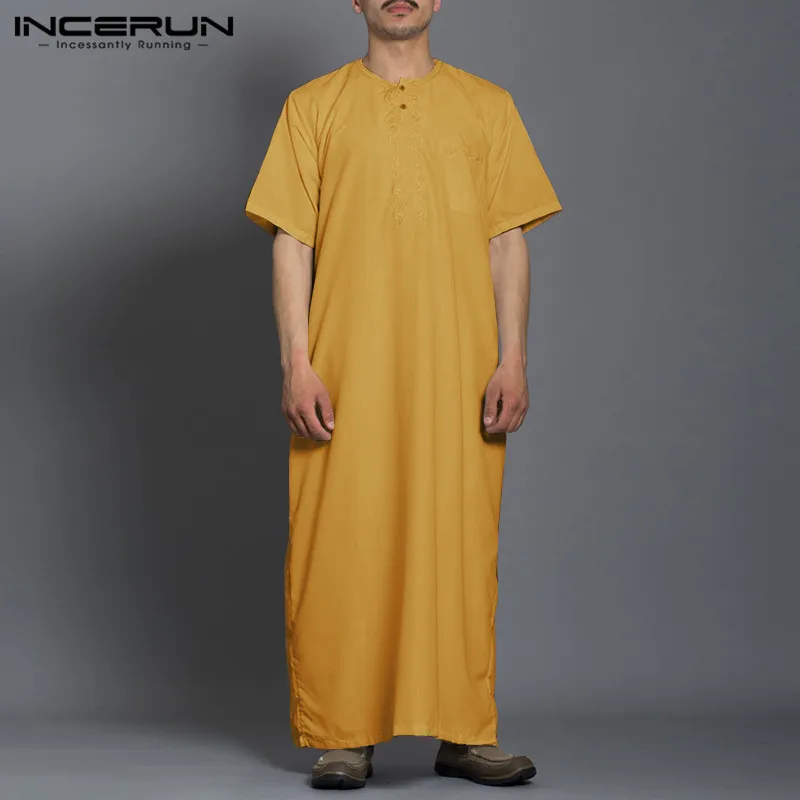 INCERUN Men Fashion Long Robes Short Sleeve Round Neck Robe Man Vintage Solid Color Muslim Kaftan Long Shirts Casual Jubba Thobe