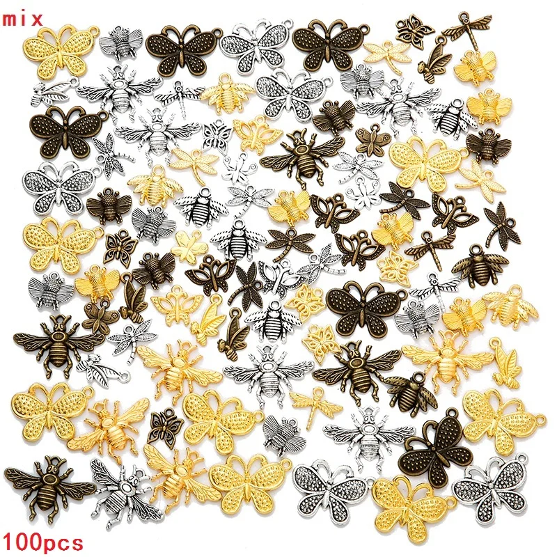 100pcs Mixed Styles Animal Heart Key Crown Charms