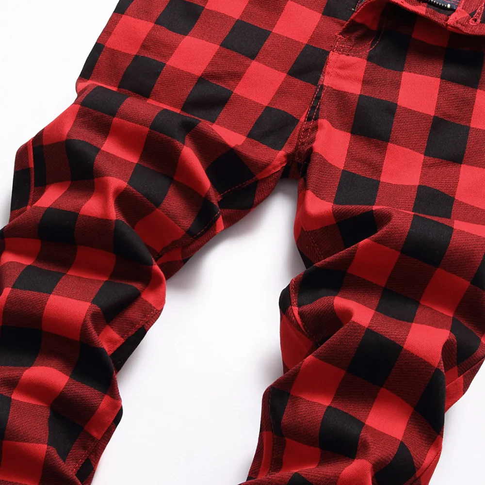 Men Red Plaid Printed Pants Fashion Slim Stretch Jeans Trendy Plus Size Straight Trousers