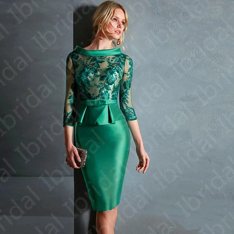 2023 New Arrival Green Short Mother of the Bride Dresses Lace with 3/4 Sleeves Wedding Guest Gowns Knee Length Bow Belt Peplum