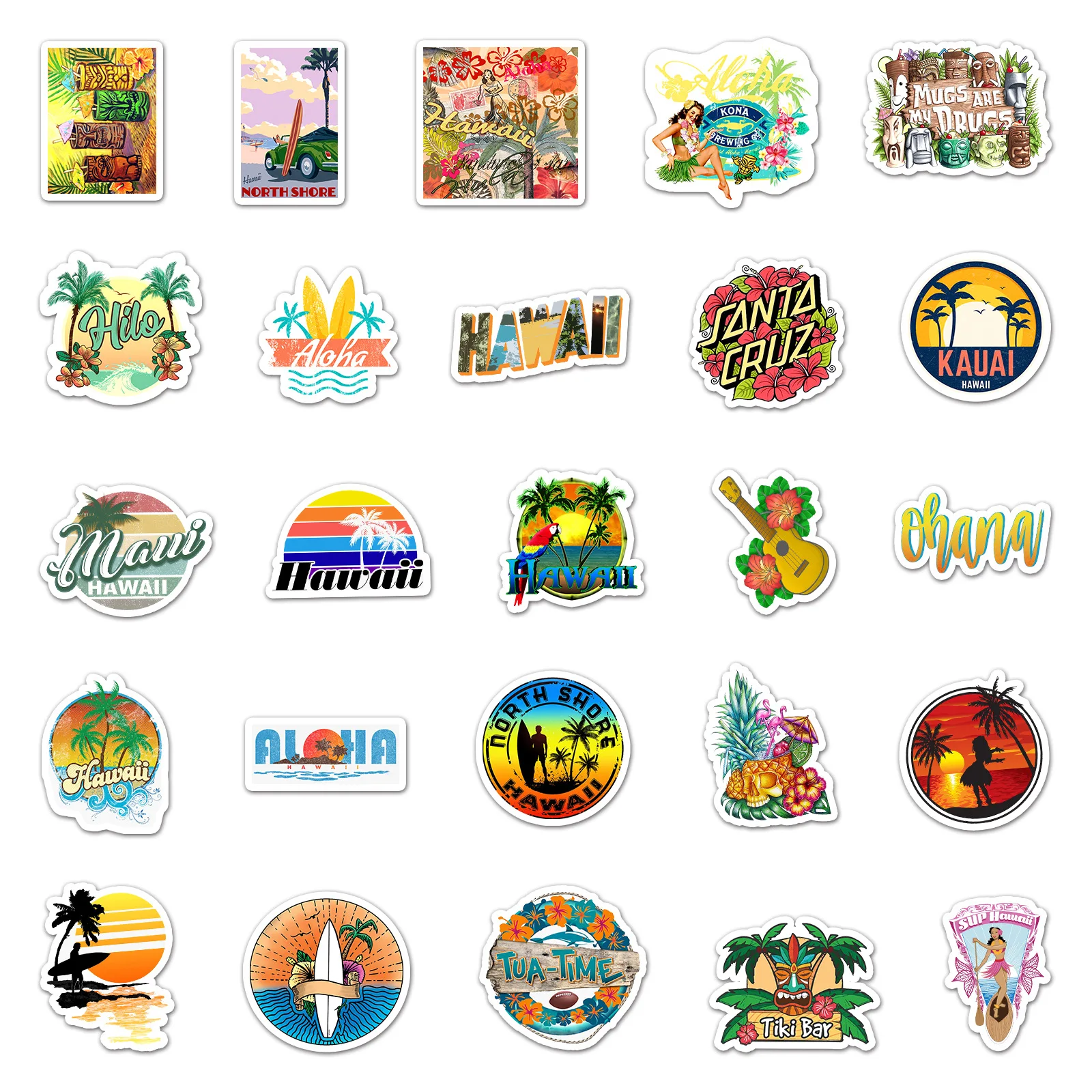 10/30/50PCS Outdoor Hawaii Surfing Stickers Summer Tropical Beach Surfing Waterproof DIY Surfboard Car Skateboard Decal Sticker