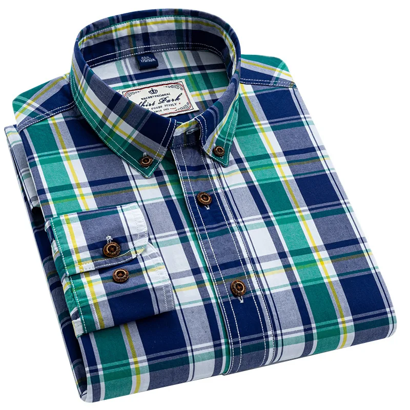 

British Style Men's Plaid Long-Sleeve Casual Shirt Regular-Fit Button-Collar Design 100% Cotton High Quality Male Social Shirts