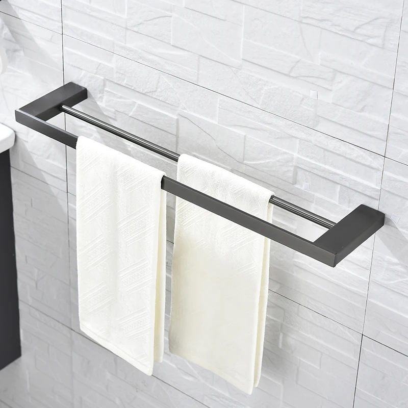 High Quality Double Towel Rack Bar Bathroom Towel Shelf Wall Mounted Kitchen Towel Holder Gun Gray Color Bathroom Accessories