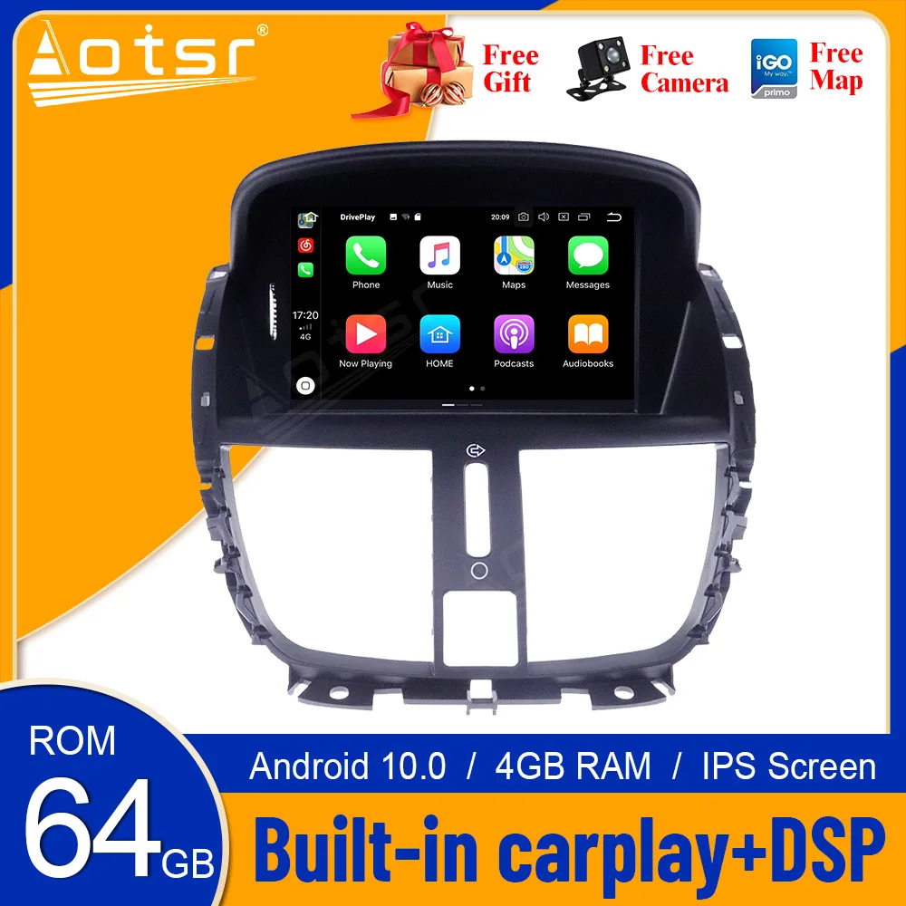 AOTSR Android 10 4+64G Car Player 2 Din Head Unit For Peugeot 207 2008 - 2014 Car GPS Navi Tape Recorder DSP Radio Multimedia