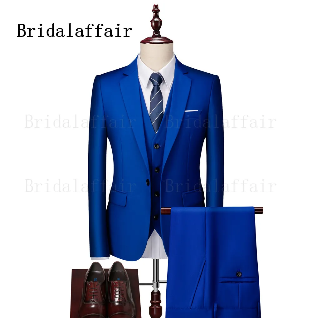 

Bridalaffair Mens Royal Blue Suits Elegant Wedding Prom Tuxedos Suits for Men 3pcs Blazer Pants Vest Set Costume Homme Slim Fit