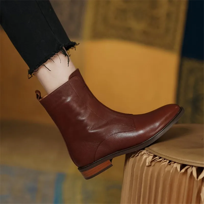 2024 Winter Fashion Genuine Leather Women Boots Women Shoes Square Heel Solid Boots Low-heel Keep Warm Short Boots Wool ANKLE