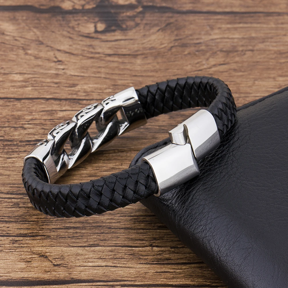 TYO Charm Genuine Leather  Black Stainless Steel Magnetic hk Bracelet Men  Birthday Gift For  boy friend