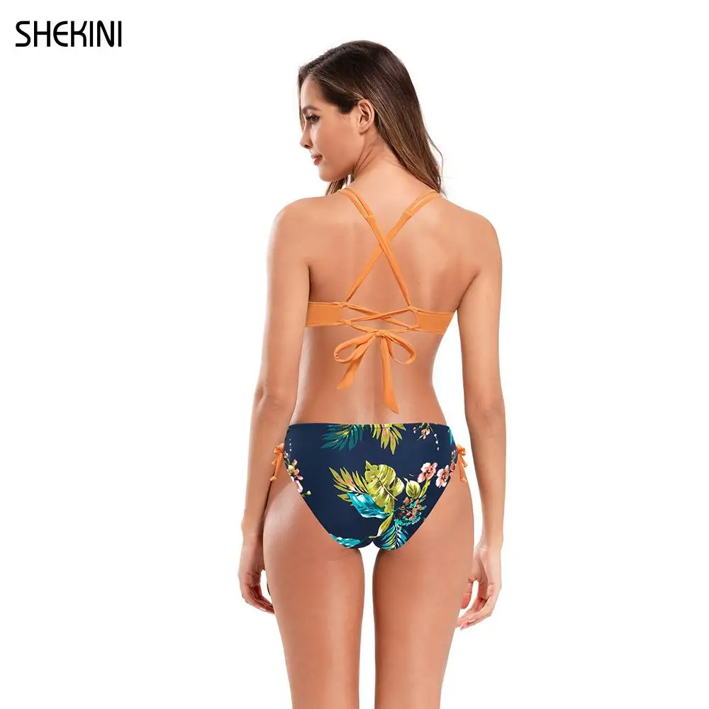 SHEKINI Women's Twist Front Sporty Lace Up Bikini Sets Low Waist Print Swimming Bottom Two Piece Swimsuits Beach Bathing Suits