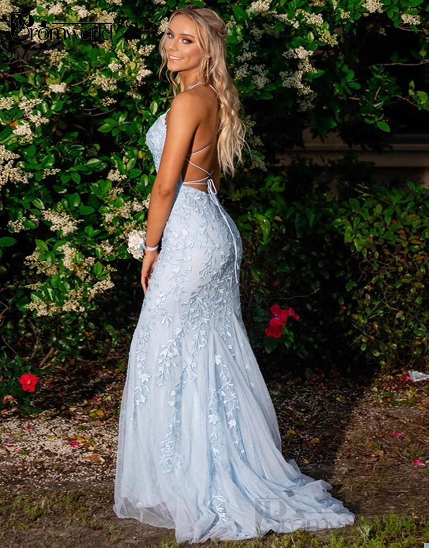 Elegant Mermaid Light Blue Long Prom Dress Backless Lace Evening Dresses 2024 Vestidos De Fiesta Formal Party Gowns