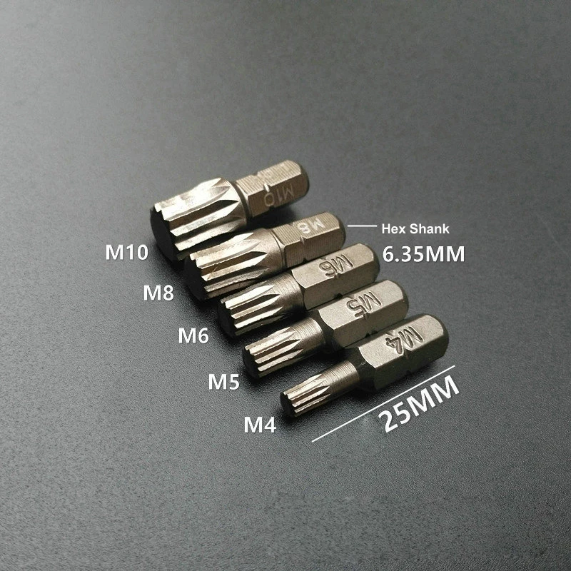 5pcs/lot 25mm Length magnetic 1/4' 6.35mm Hex Shank Torx Screwdriver Bits 12 Point Spline Bit M4 M5 M6 M8 M10