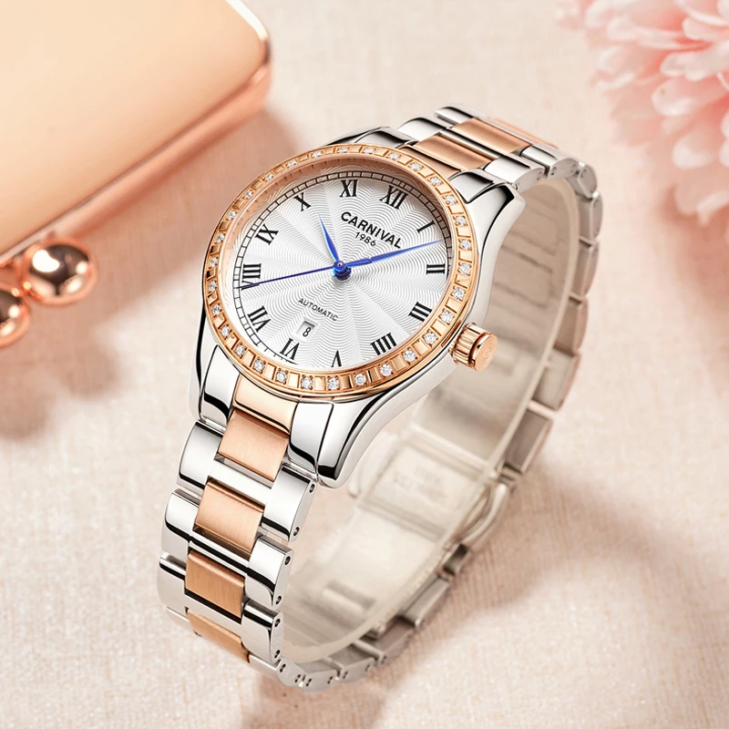 Karneval Luxus Marke Uhr Frauen Automatische Mechanische Uhren Damen Mode Diamant Saphir Kristall Wasserdicht Auto Datum 8051