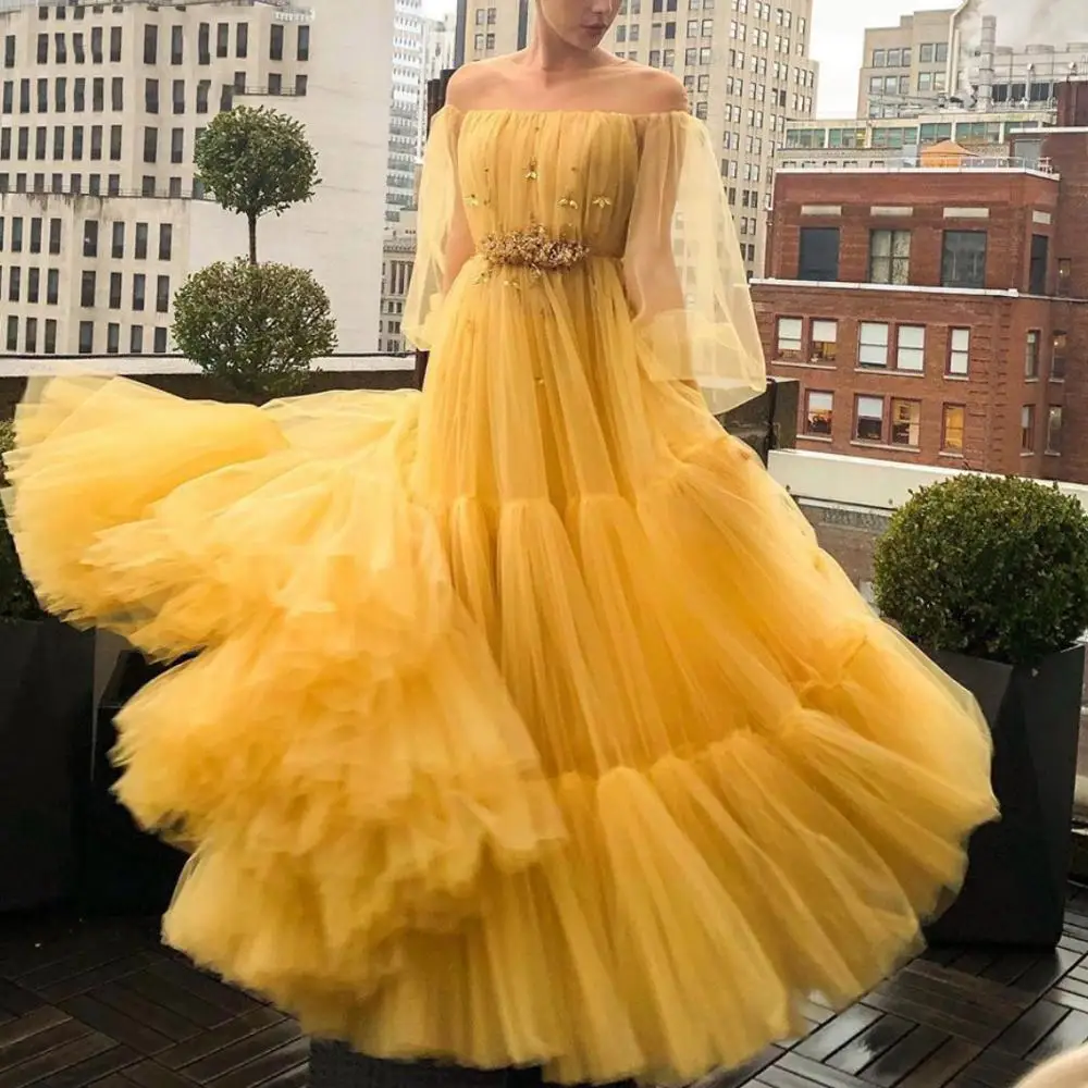 Customized Yellow Sheer O-Neck Puffy Long Sleeve Evening Dresses Beaded Pleats Tulle Prom Gowns Plus Size Long Woman Part Dress