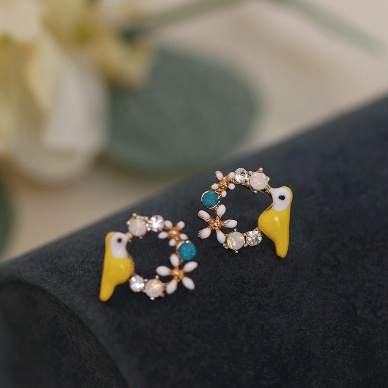 Korean Cute Rhinestone Animal Stud Earrings for Women Girls Painting Oil Lovely Flower Stud Earrings Birthday Party Jewelry Gift