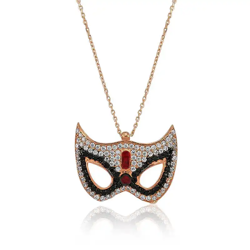 Silver Mask Lady Necklace Zircon Stone  925 Sterling Women Fine Jewelry Wedding Party Birthday Gift - Box - Jeweled - Pendant - Chain Choker - Female - Ladies - Fashion