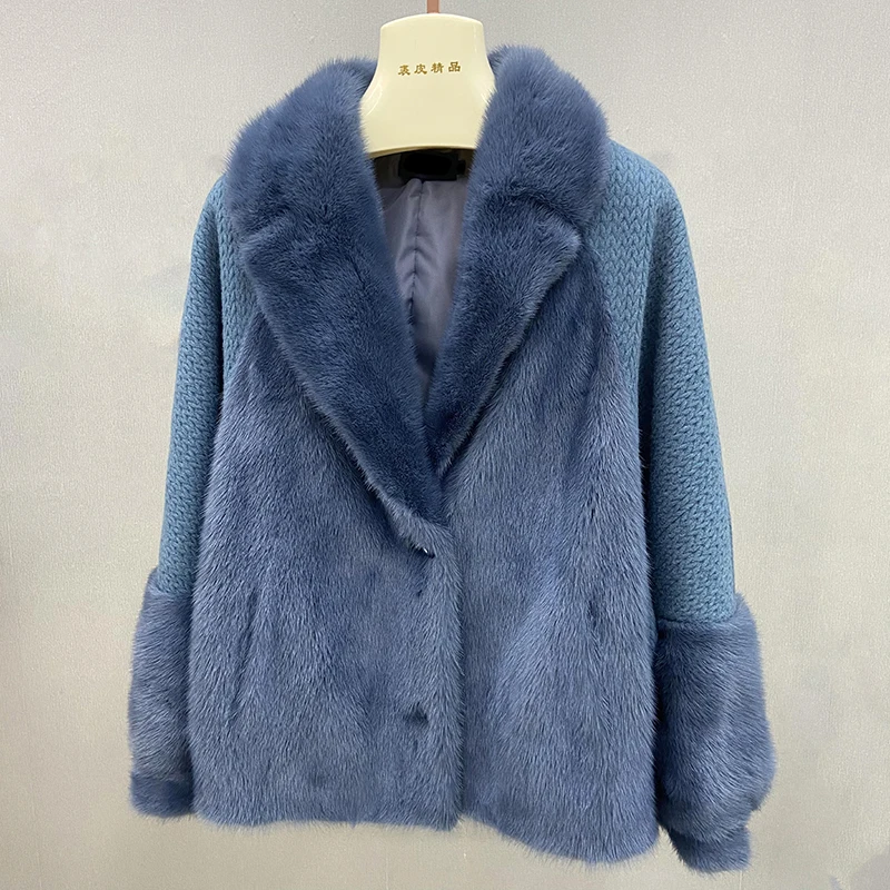 Abrigo de piel de visón Real para mujer, cárdigan con cuello inglés, Chaqueta de punto de manga larga corta, piel Natural, Invierno