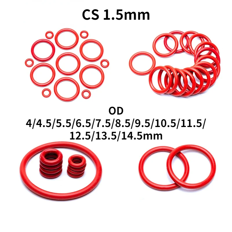 50pcs Red VMQ Silicone O Ring Gasket CS 1.5mm OD 4/4.5/5.5/6.5/7.5/8.5/9.5/10.5/11.5/12.5/13.5/14.5mm Food Grade O-Ring Seal