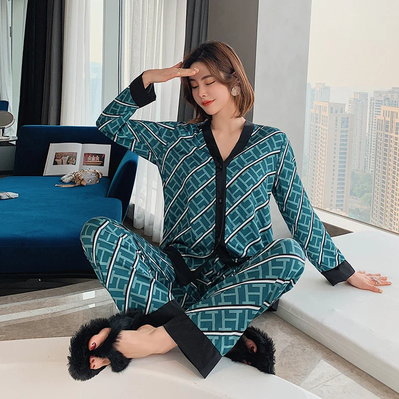 Lisacmvpnel 2021 sonbahar yeni rahat baskı moda kadın pijama ev takım elbise ince uzun kollu Set pijama