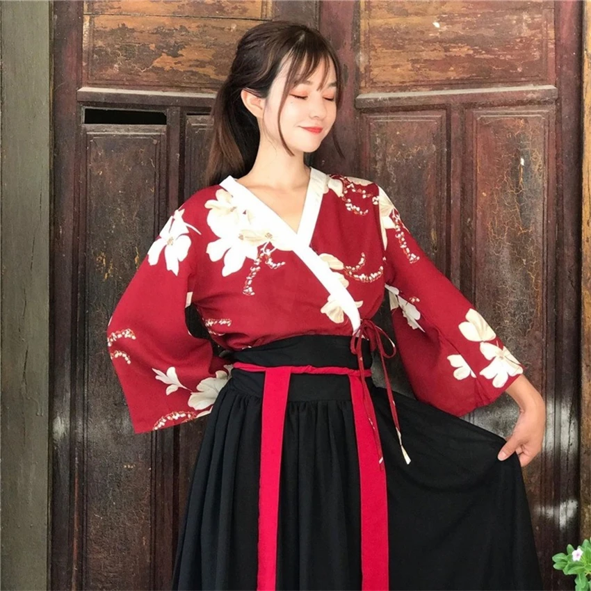 Thin Kimono Traditional Floral Chinese Style Hanfu Improved Hanfu Girls Yukata Summer Top Skirts Outfits Dress For Women Vintage