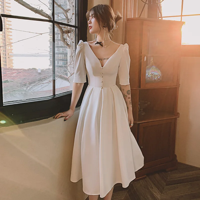 White Evening Dress Female Banquet Temperament vestidos de festa V-Neck Prom Dress 2021 New French Style Birthday Party Dress