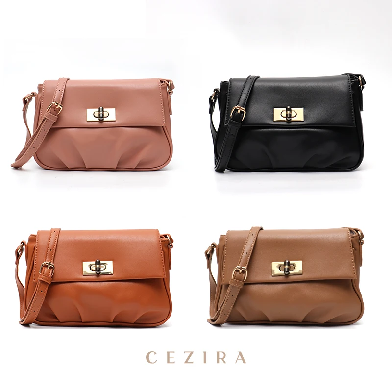 CEZIRA Brand Fashion Ruched Messenger Bag For Women PU Vegan Leather Luxury Lock Flap Handbag Female Crossbody Shoulder Purse