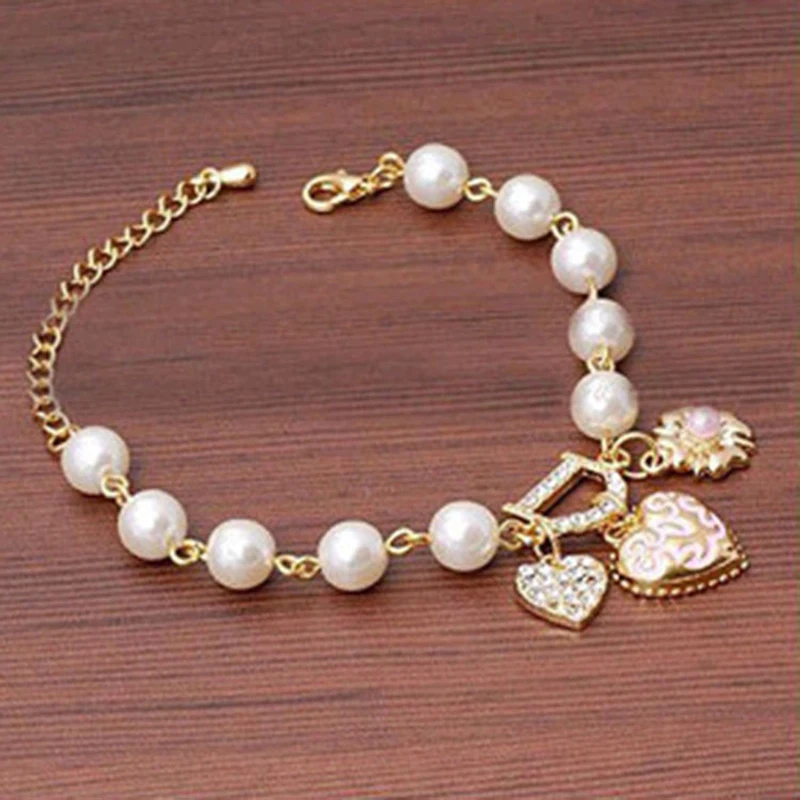 SUMENG Fashion Unlimited Bangle Bracelets Charm Heart Flower Simulated Pearl Crystal D Letter Beaded Bracelet For Women Jewelry