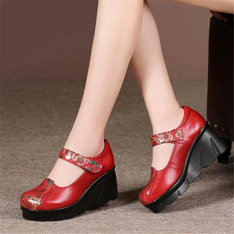 2023 Spring New Chinese Style Women\'s Shoes Classic Printing Genuine Leather Shoes Platform Wedges High Heels Heighten Shoes